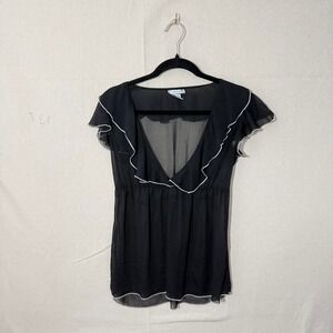 Lilly Lou Black Sheer Ruffle V-Neck Blouse Top Small M6088M26